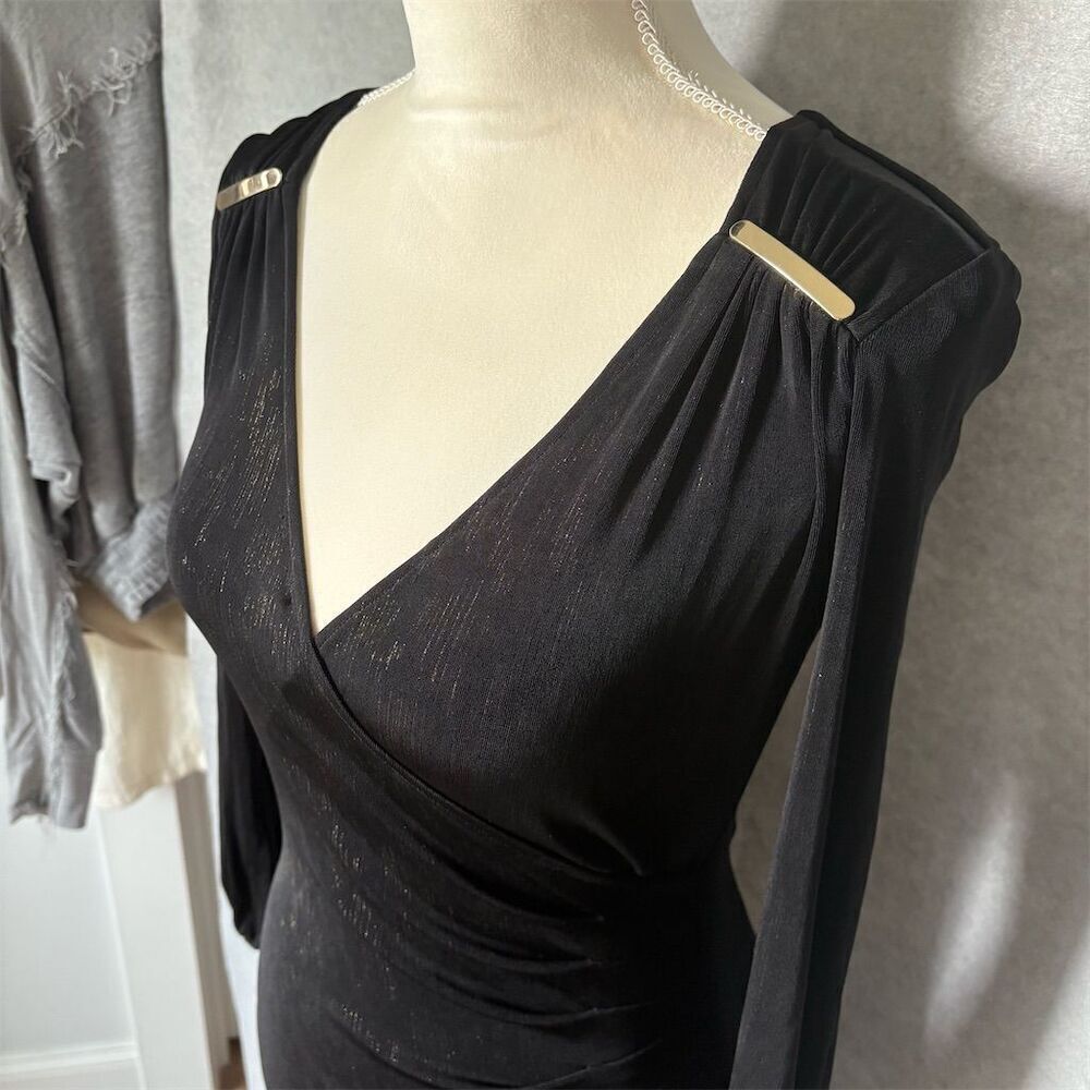 CACHÉ Women's XS Black and gold V-Neck Long-Sleeve Midi Dress Party - Picture 4 of 7